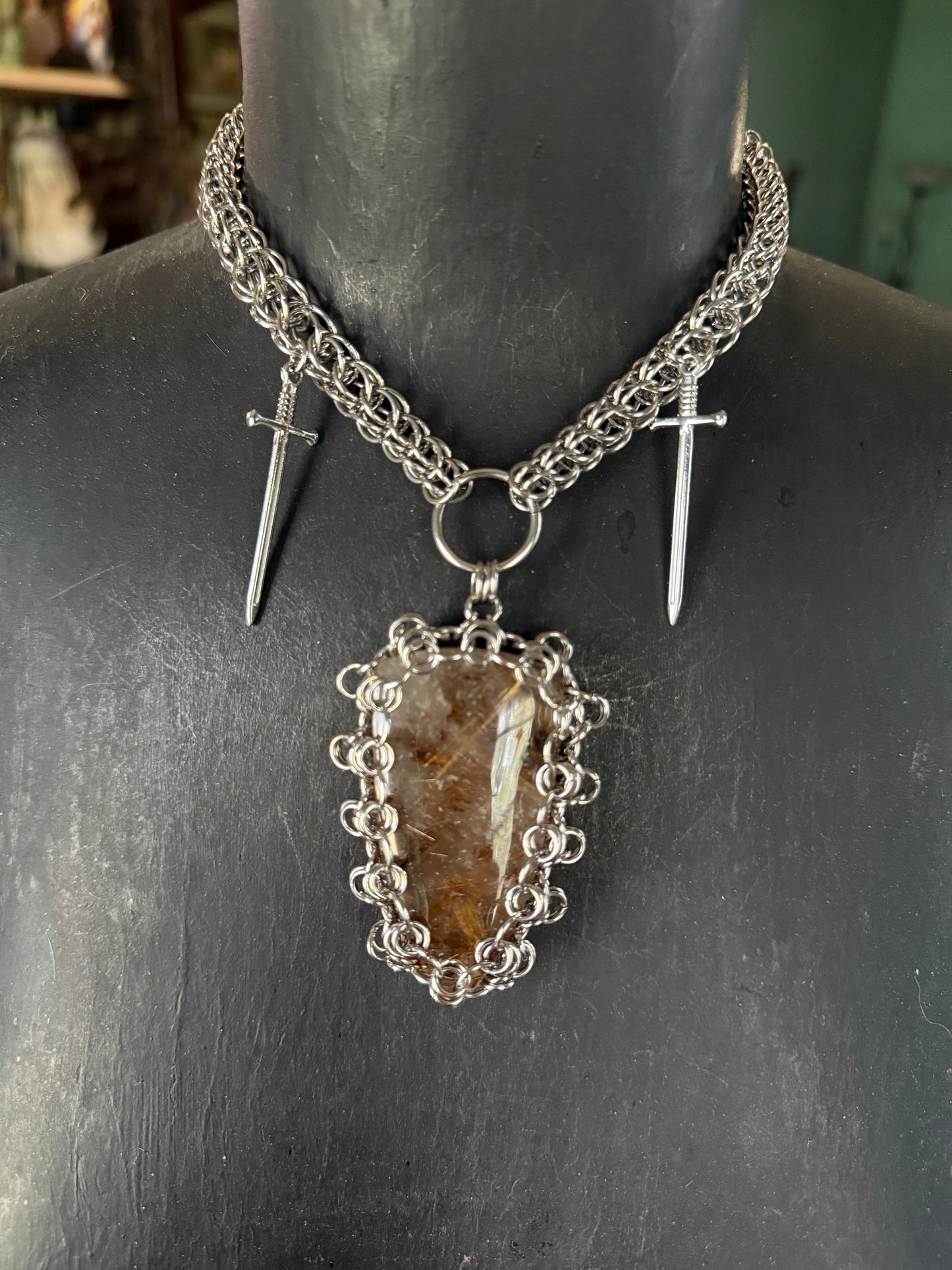 A Portal to Abundance | Rutile in Quartz Necklace Pendant chainmaille