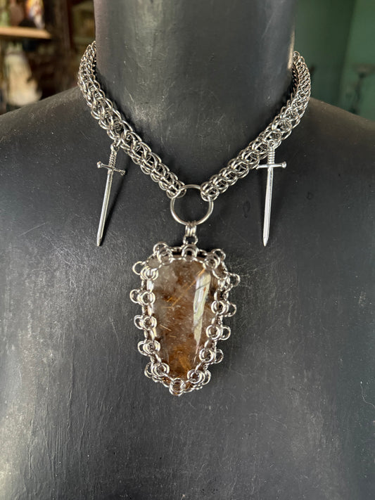 A Portal to Abundance | Rutile in Quartz Necklace Pendant chainmaille