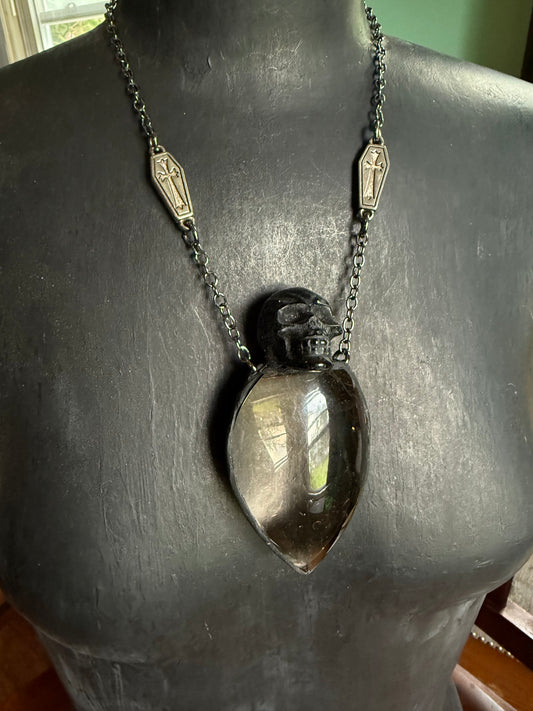 Keeper of the Garden Smoky Quartz and Obsidian Skull Necklace pendant