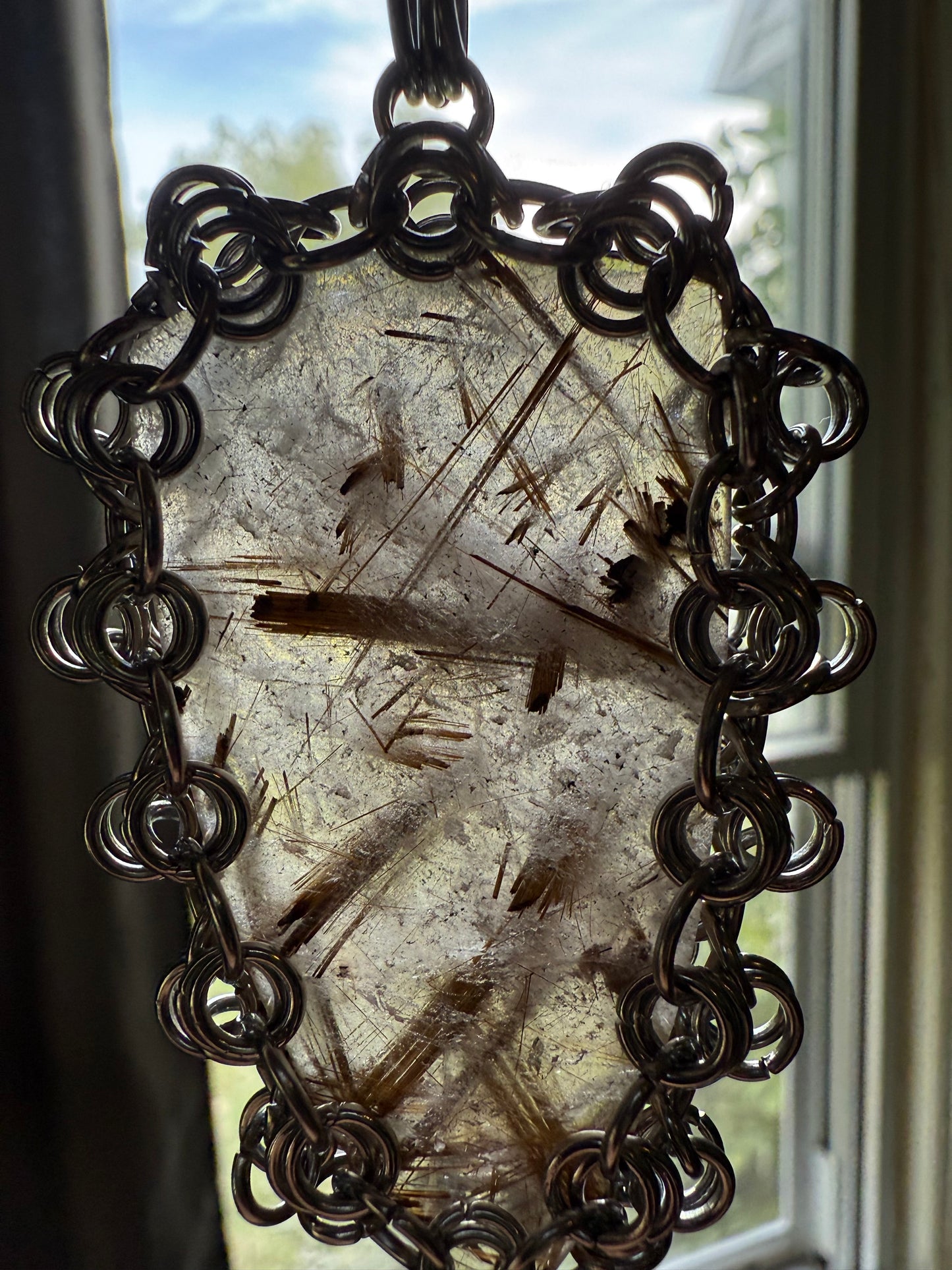A Portal to Abundance | Rutile in Quartz Necklace Pendant chainmaille