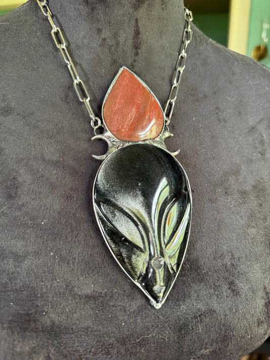 Otherworldly Ancient - Silversheen Obsidian Necklace , Alien Pendant , Crystal necklace