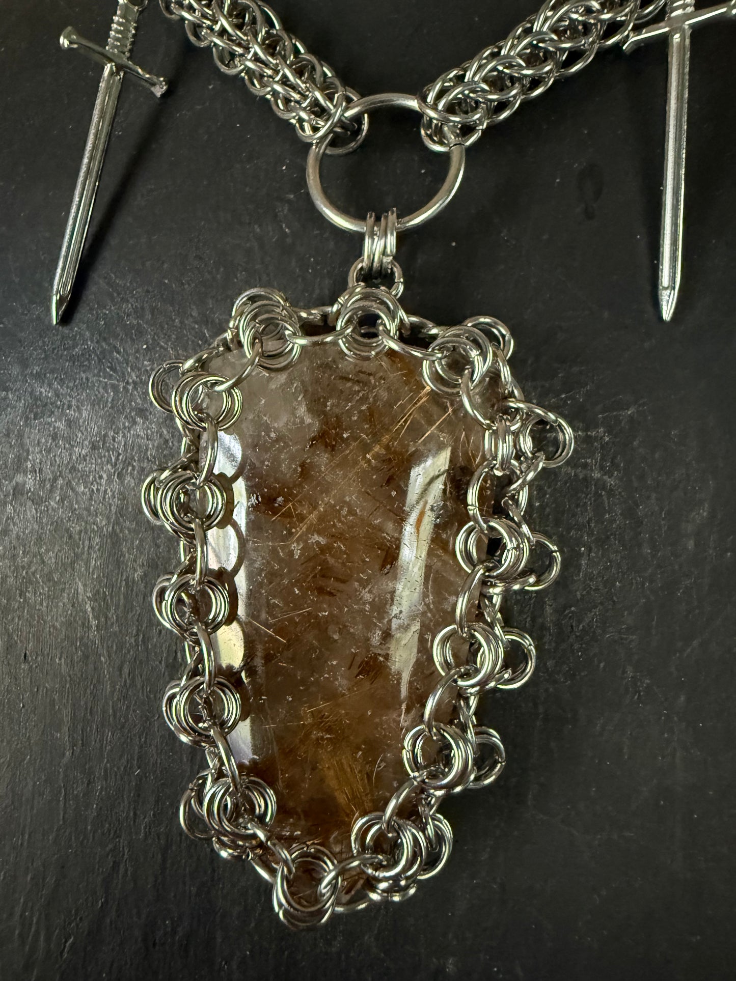 A Portal to Abundance | Rutile in Quartz Necklace Pendant chainmaille