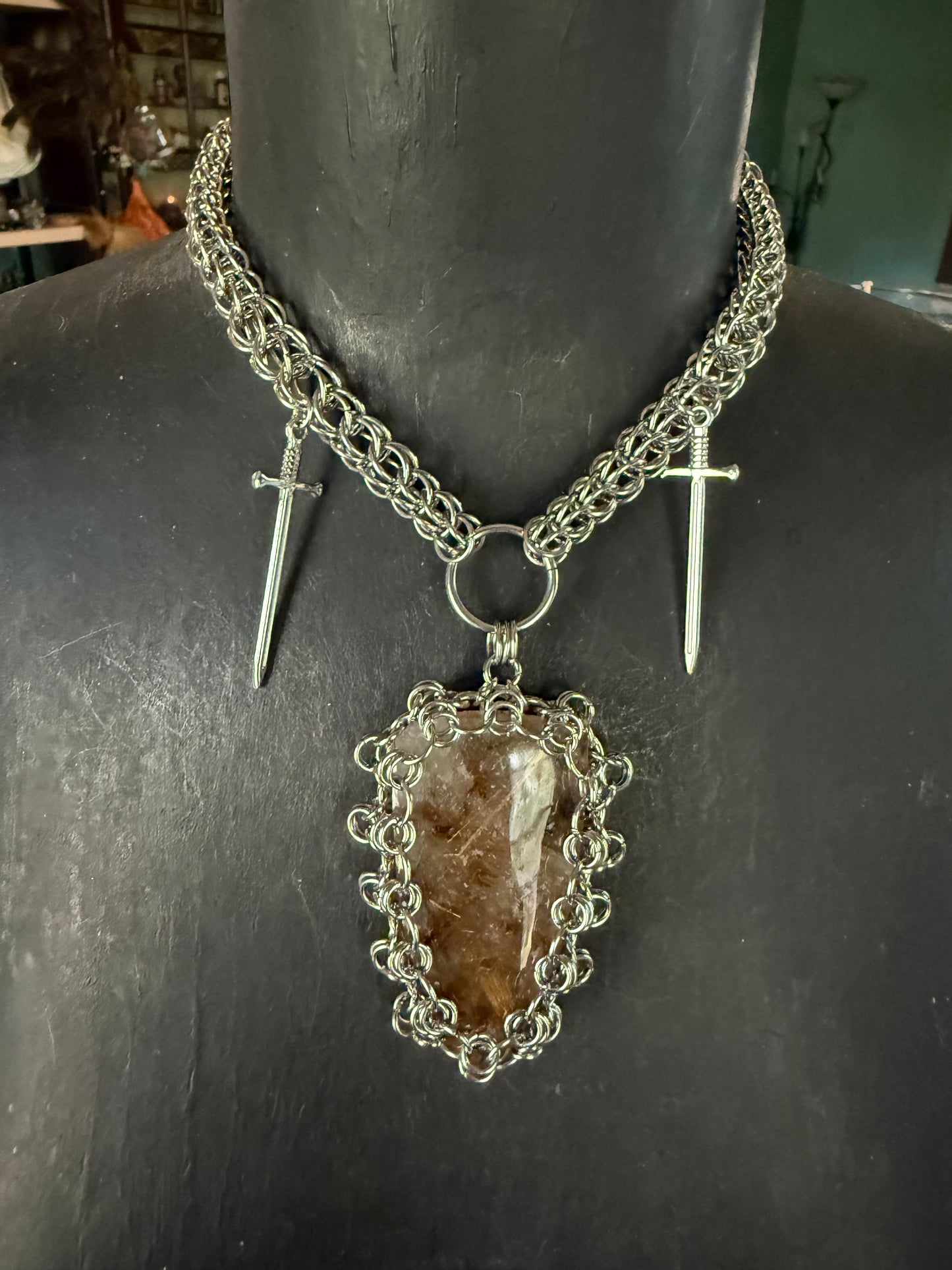 A Portal to Abundance | Rutile in Quartz Necklace Pendant chainmaille